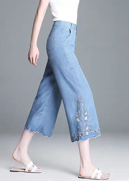 High Elegant Hollow Summer Crop Out Waist Blue Jeans