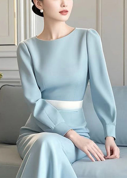 Dress Spring High Elegant Cotton O Blue Neck Waist Long