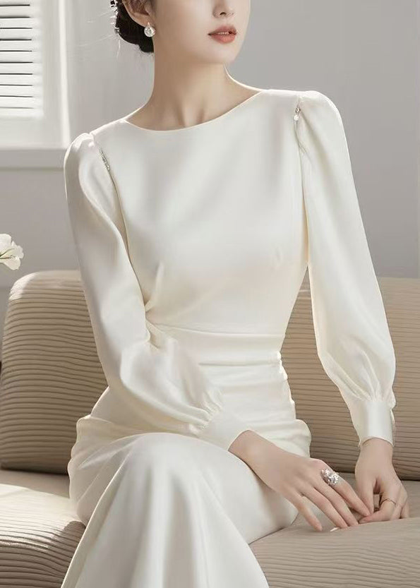 Dress Spring High Elegant Cotton O Blue Neck Waist Long