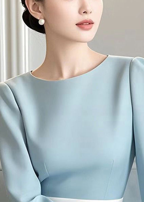 Dress Spring High Elegant Cotton O Blue Neck Waist Long