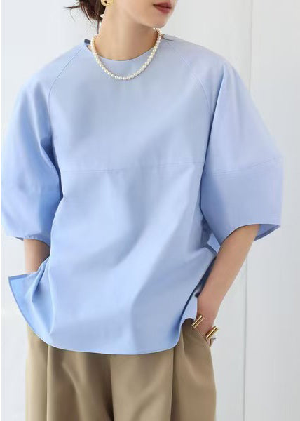 Sleeve Blue O-Neck Tops Cotton Puff Elegant