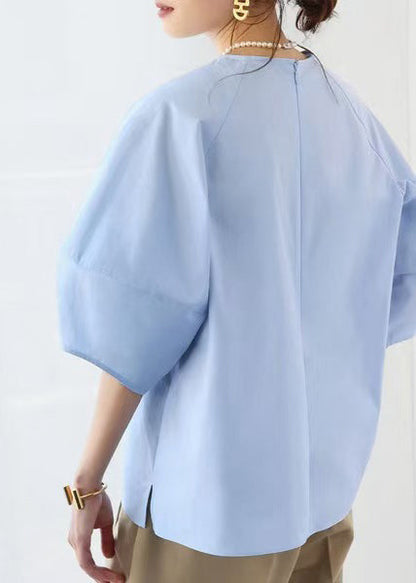 Sleeve Blue O-Neck Tops Cotton Puff Elegant