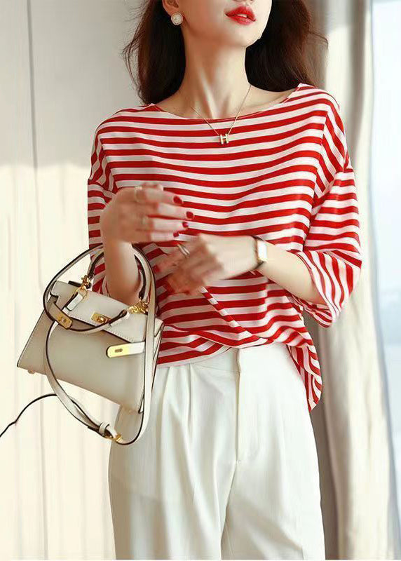 Elegant Blue O Neck Striped Silk Shirt Tops Summer BV066