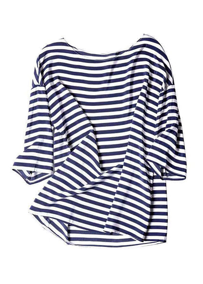 Elegant Blue O Neck Striped Silk Shirt Tops Summer BV066