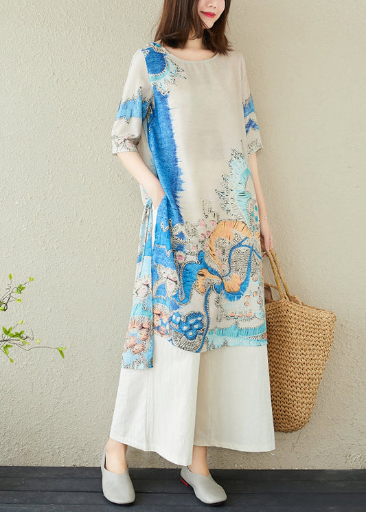 Linen Oversized Elegant Print Dresses Blue Summer