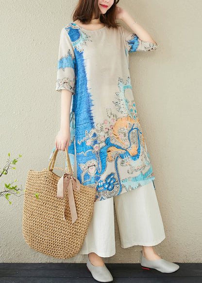 Linen Oversized Elegant Print Dresses Blue Summer