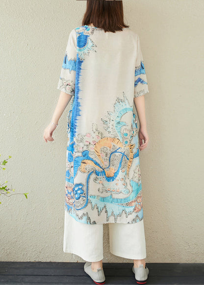 Linen Oversized Elegant Print Dresses Blue Summer