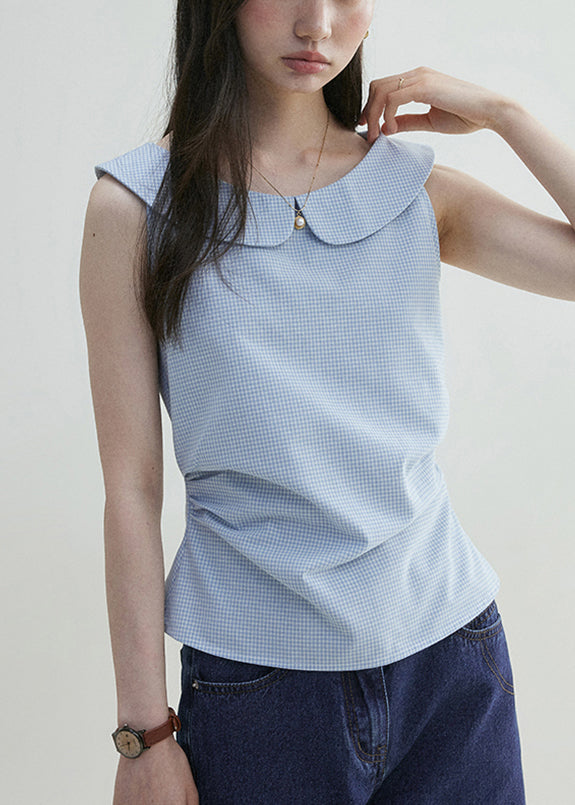Plaid Sleeveless Collar Blue Pan Cotton Shirt Peter Elegant