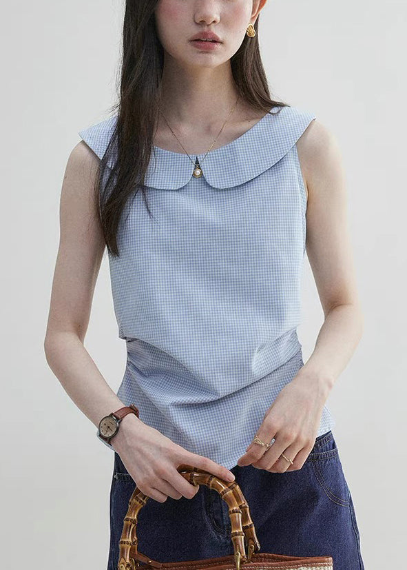 Plaid Sleeveless Collar Blue Pan Cotton Shirt Peter Elegant