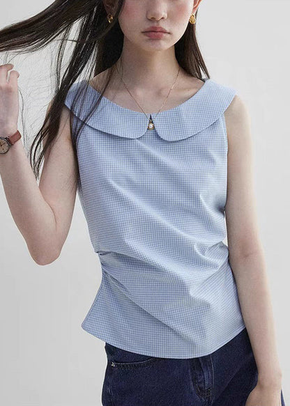 Plaid Sleeveless Collar Blue Pan Cotton Shirt Peter Elegant