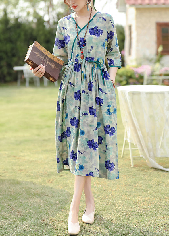 Elegant Blue Print Pockets Drawstring Cotton Dress Half Sleeve JH003