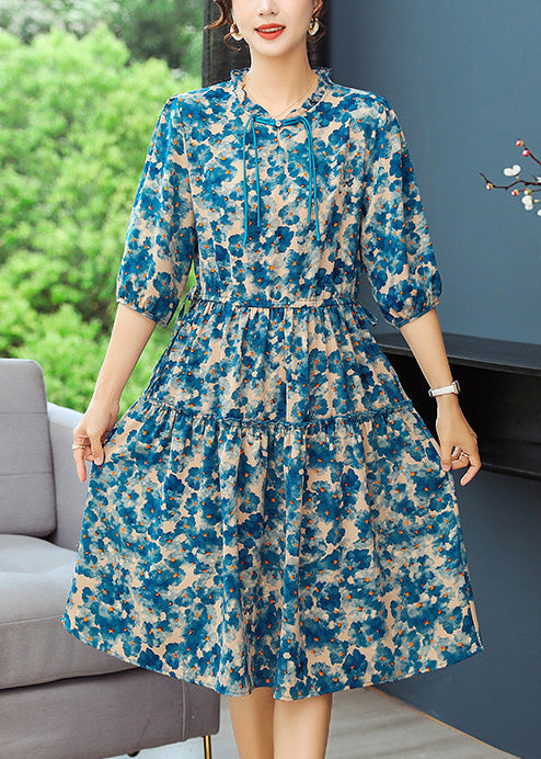 Ruffled Elegant Summer Blue Dresses Tunic Print