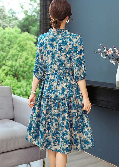 Ruffled Elegant Summer Blue Dresses Tunic Print