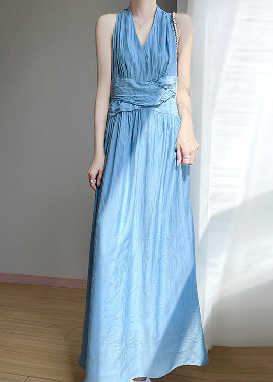 Long Dress Cotton High V Neck Elegant Sleeveless Waist Blue