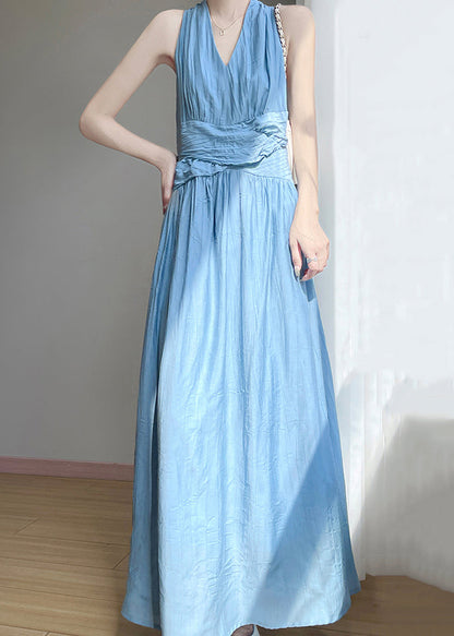 Long Dress Cotton High V Neck Elegant Sleeveless Waist Blue