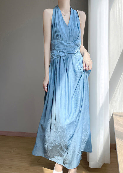 Long Dress Cotton High V Neck Elegant Sleeveless Waist Blue