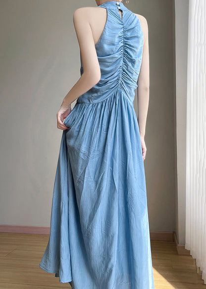 Long Dress Cotton High V Neck Elegant Sleeveless Waist Blue
