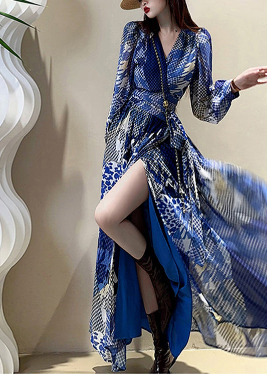 Dress Maxi Sleeve Elegant Print V Lantern Drawstring Blue Neck