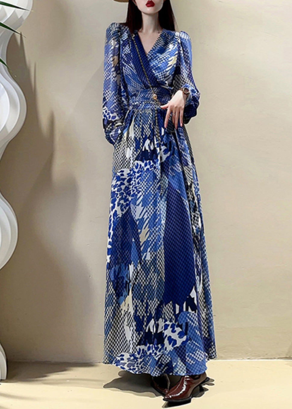 Dress Maxi Sleeve Elegant Print V Lantern Drawstring Blue Neck