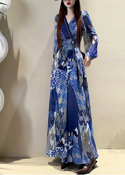 Dress Maxi Sleeve Elegant Print V Lantern Drawstring Blue Neck