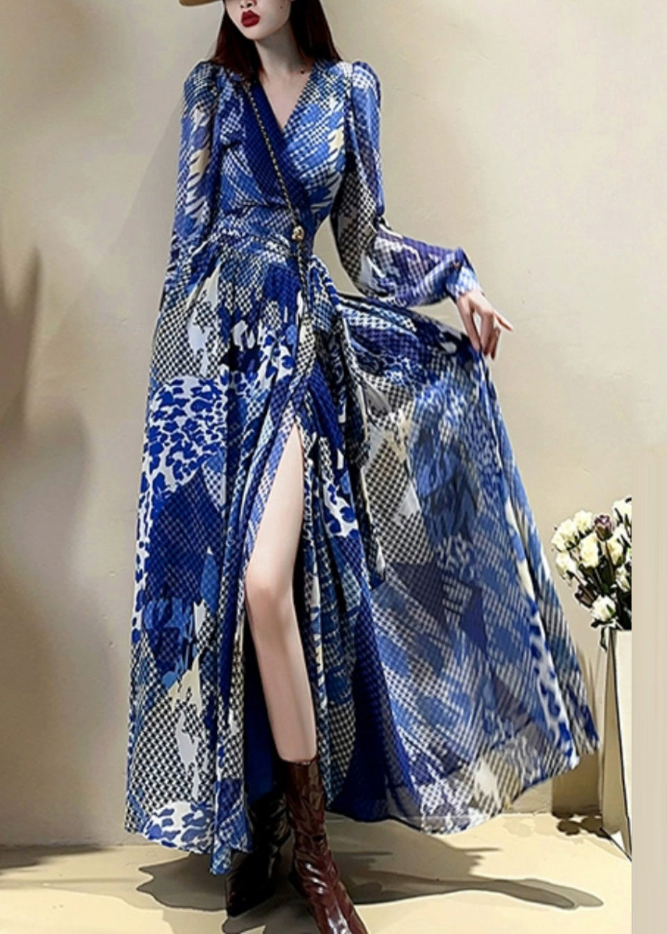 Dress Maxi Sleeve Elegant Print V Lantern Drawstring Blue Neck