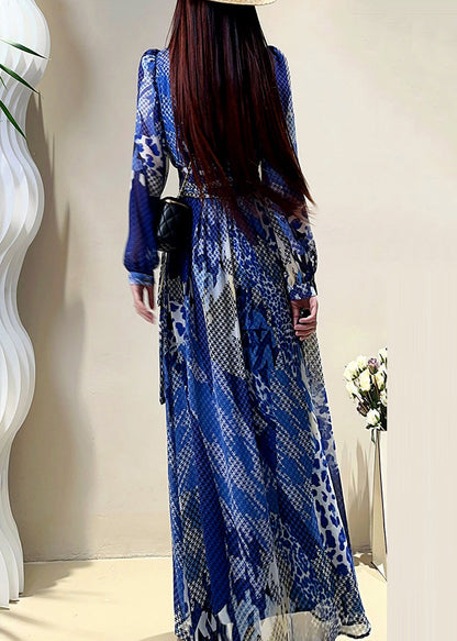 Dress Maxi Sleeve Elegant Print V Lantern Drawstring Blue Neck