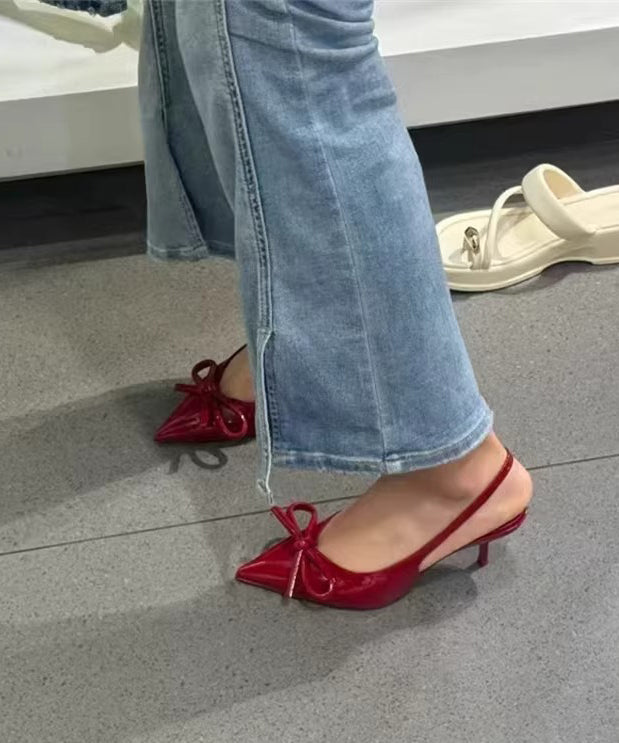 Bow Elegant High Heels Leather Red Splicing Stiletto Faux