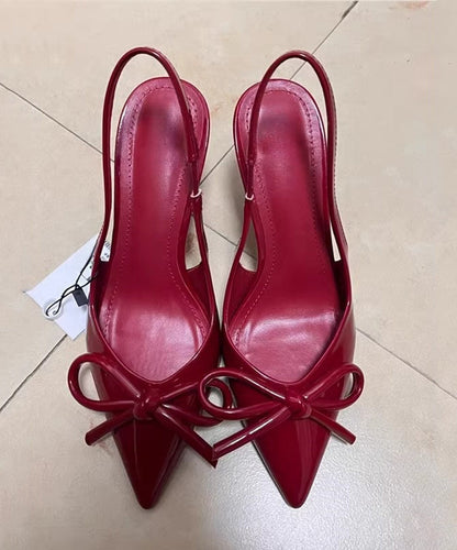 Bow Elegant High Heels Leather Red Splicing Stiletto Faux