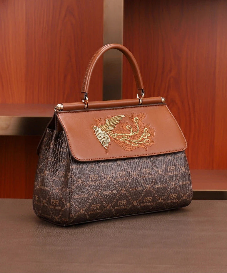 Tote Leather Embroideried Brown Elegant Handbag Calf