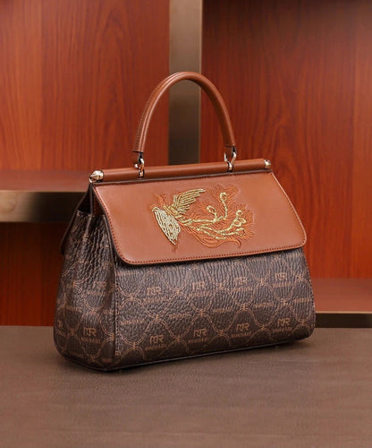 Tote Leather Embroideried Brown Elegant Handbag Calf
