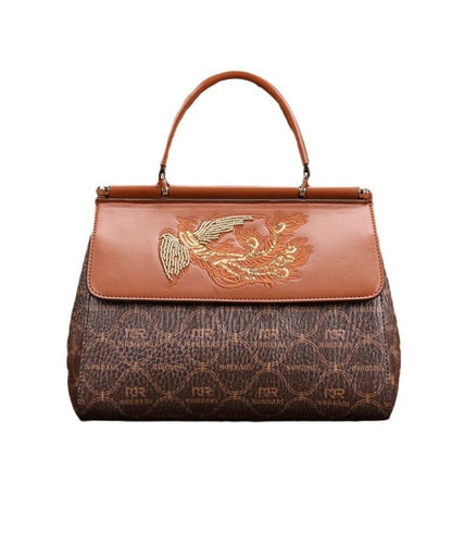 Tote Leather Embroideried Brown Elegant Handbag Calf