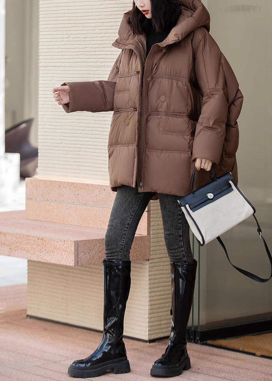 Elegant Brown Oversized Duck Down Hooded Coats Winter