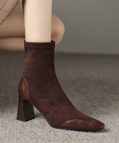 Elegant Heel Suede Chunky Brown Boots Splicing