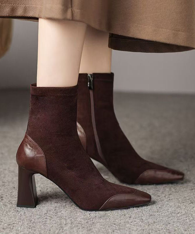 Elegant Heel Suede Chunky Brown Boots Splicing
