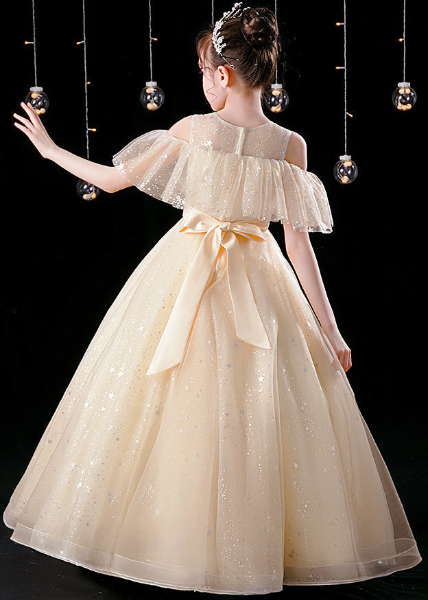 Elegant Champagne O-Neck Patchwork Sequins Tulle Kids Maxi Dress Summer XZ039