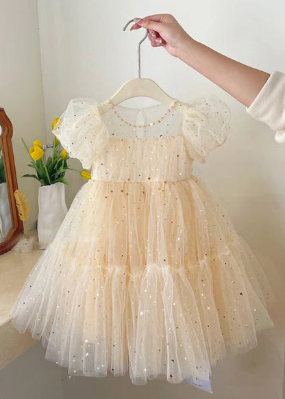 Elegantes, champagnerfarbenes, faltiges Tüllkleid mit Rundhalsausschnitt und Schleife für Kinder im Sommer EW018