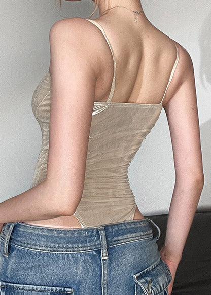 Patchwork Elegant Spandex Bodysuit Cami Solid Champagne
