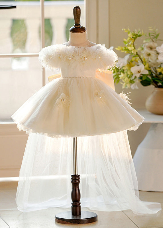 Elegant Champagne Pearl Tulle Kids Maxi Dresses Short Sleeve YG017