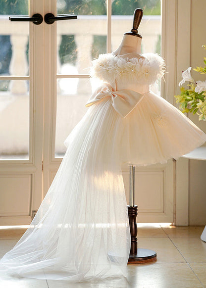 Elegant Champagne Pearl Tulle Kids Maxi Dresses Short Sleeve YG017