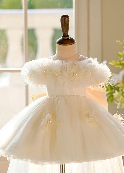 Elegant Champagne Pearl Tulle Kids Maxi Dresses Short Sleeve YG017