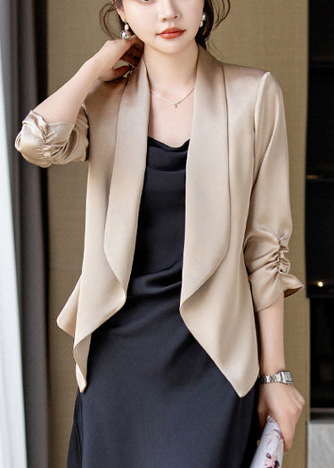 Elegant Champagne Peter Pan Collar Wrinkled Satin Coats Spring YJ034