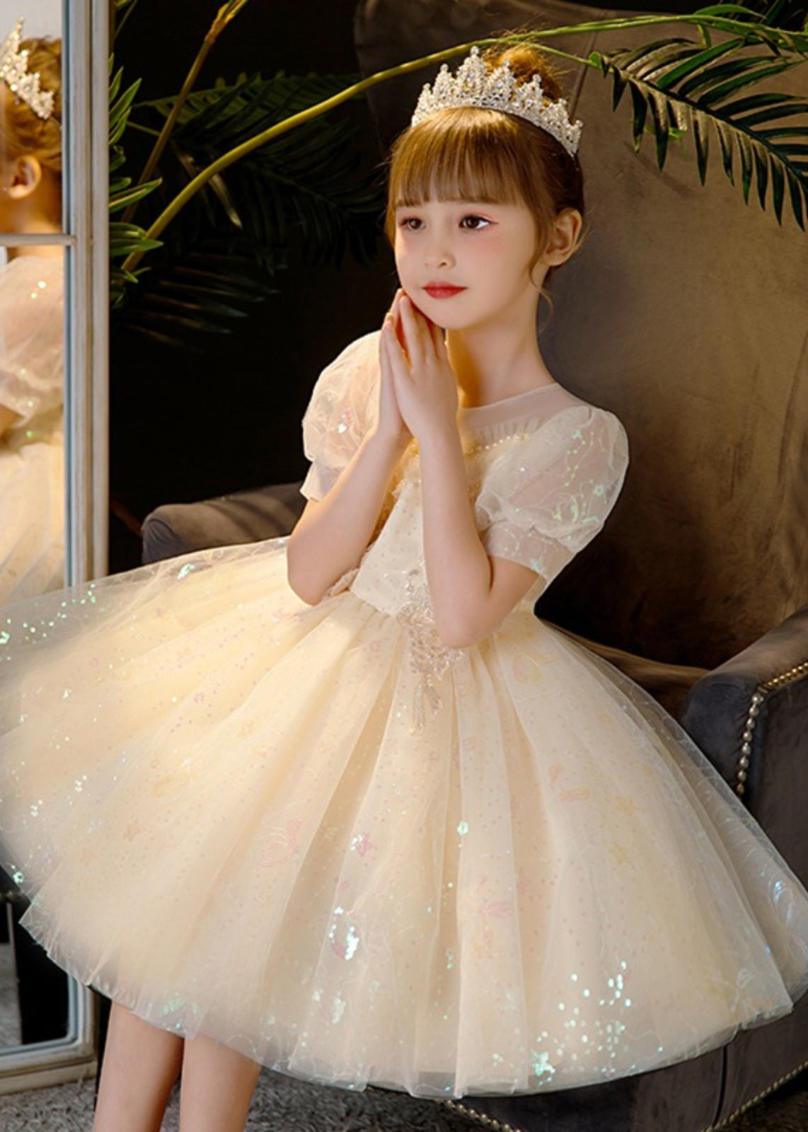 Elegant Champagne Sequins Patchwork Nail Bead Tulle Kids Mid Dress Summer XZ035