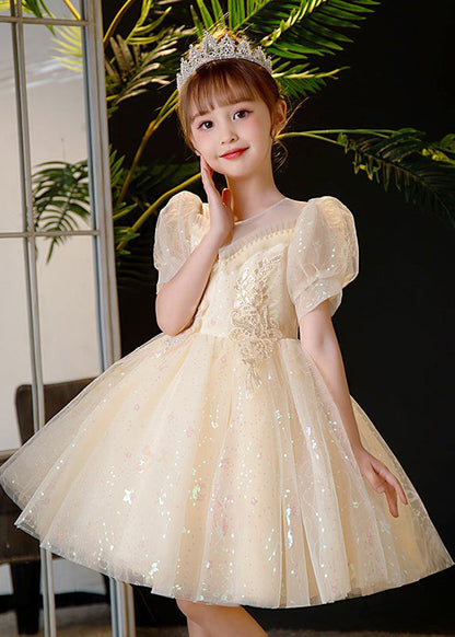 Elegant Champagne Sequins Patchwork Nail Bead Tulle Kids Mid Dress Summer XZ035