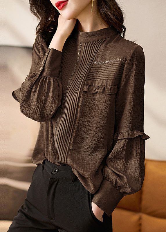 Elegant Ruffled Tops Patchwork Chocolate Shirt Spring Silk