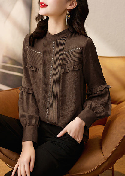 Elegant Ruffled Tops Patchwork Chocolate Shirt Spring Silk
