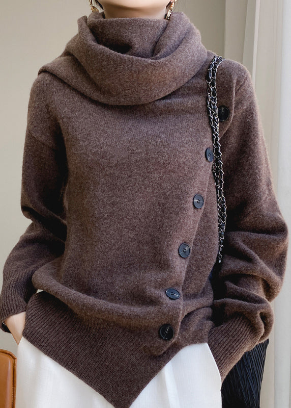 Elegant Coffee Scarf Collar Button Patchwork Wool Sweaters Spring YY032