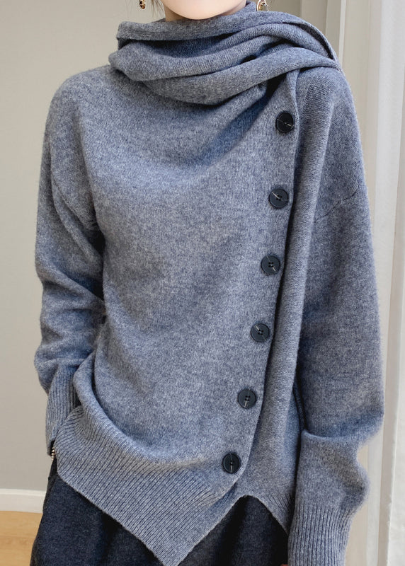 Elegant Coffee Scarf Collar Button Patchwork Wool Sweaters Spring YY032