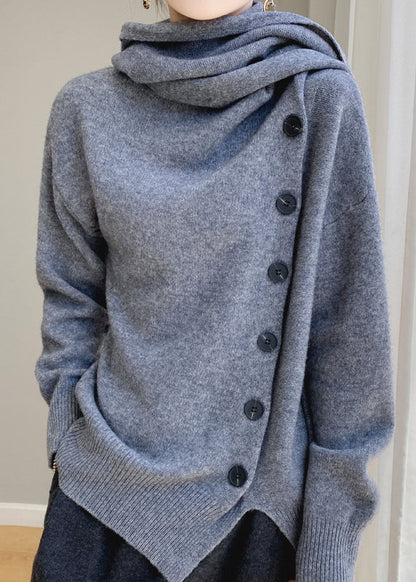 Elegant Coffee Scarf Collar Button Patchwork Wool Sweaters Spring YY032