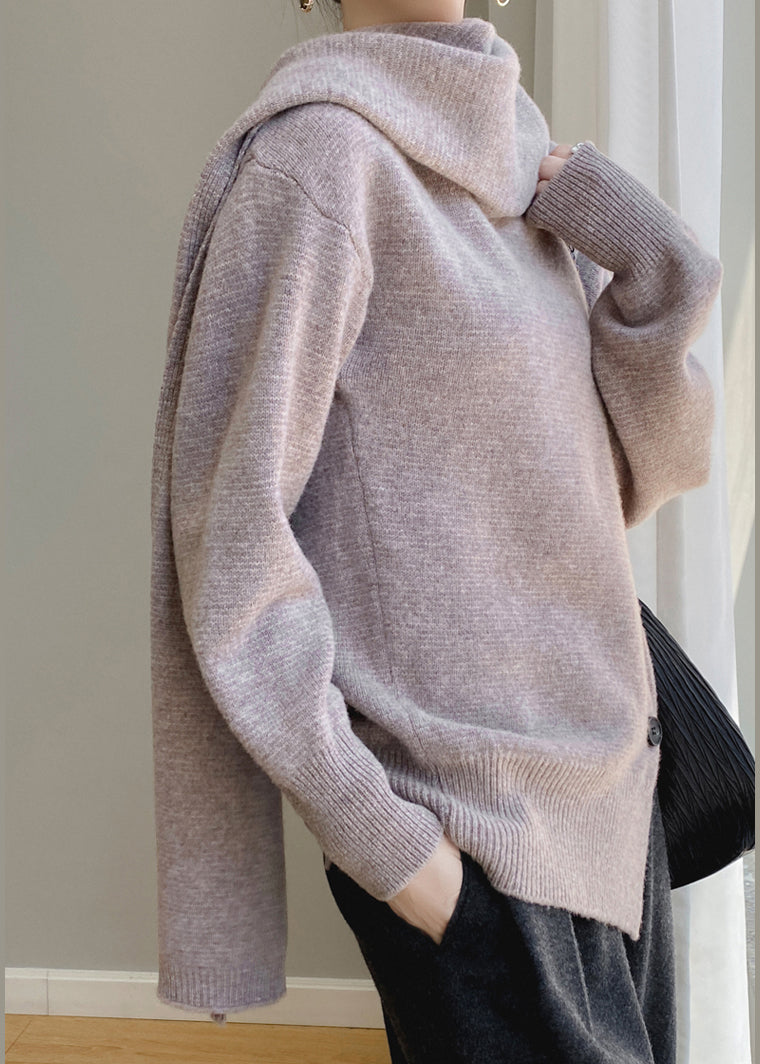 Elegant Coffee Scarf Collar Button Patchwork Wool Sweaters Spring YY032