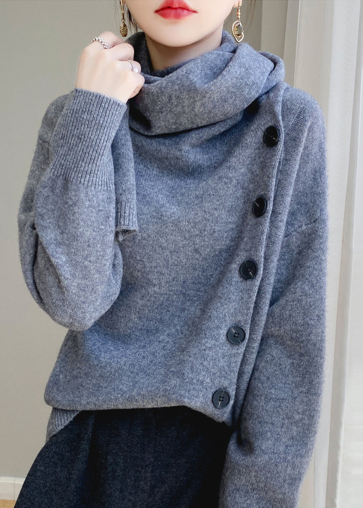 Elegant Coffee Scarf Collar Button Patchwork Wool Sweaters Spring YY032